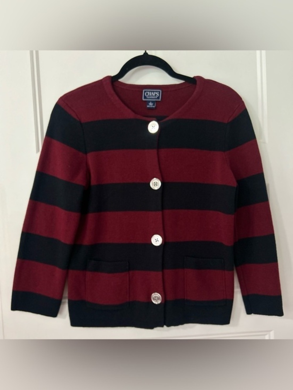 Chaps Rugby Striped Cardigan Sweater L Red Black Cotton Nautical Preppy Classic